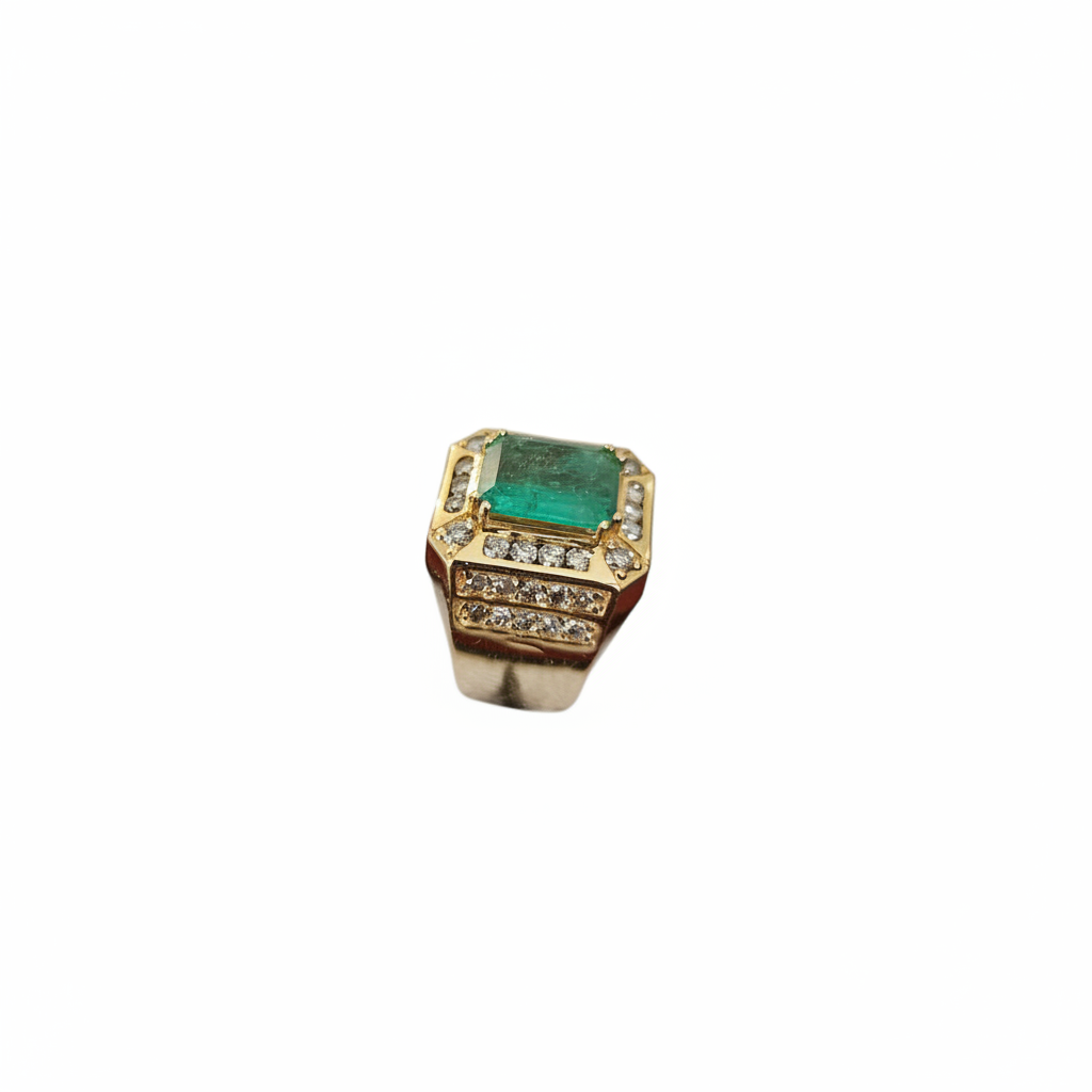 18KT Yellow Gold Emerald & Diamond Gents Ring – 2.86ct Emerald | 1.50ct Diamonds